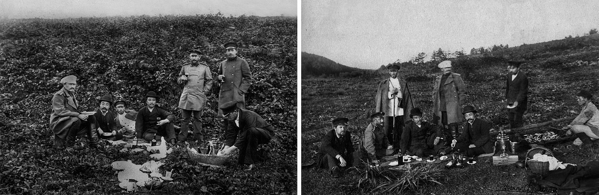 Anton Chekhov (second from left - in the left photo, first from left - in the right photo) in southern Sakhalin (Kusun-Katan) during a picnic in honor of Japanese Consul G. Kudze-san. October 7–9, 1890. Photograph by Alexei von Frike