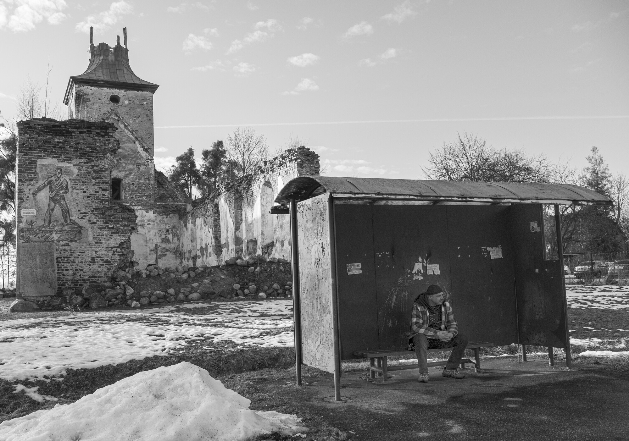 At the bus stop. Kirch Borchersdorf, Zelenopole village Kaliningrad region, Russia. Photo by Oleg Klimov