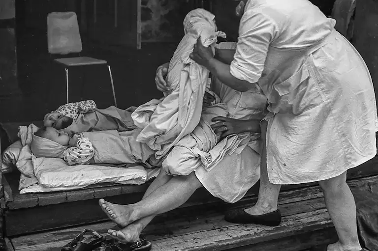 On the porch where children who cannot move are taken out, a sheet is laid out on which the walkers lie down. Specialized Children's Home No. 2, which houses children with congenital malformations, postpartum injuries, and those who, according to doctors, cannot live among ordinary children. St. Michurina. Novokuznetsk. Kemerovo region. Kuzbass. Siberia. 06/08/1981 Photo Vladimir Sokolaev/Liberty SU Archive