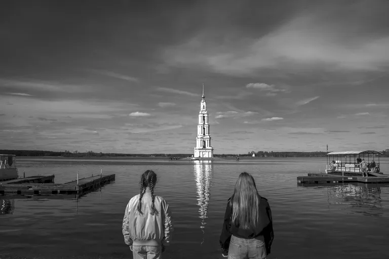 Bell tower on the Volga, after the flooding of St Nicholas Cathedral. Kalyazin, Russia’s Golden Ring, May 2026. Photo © Oleg Klimov for Panos Pictures.