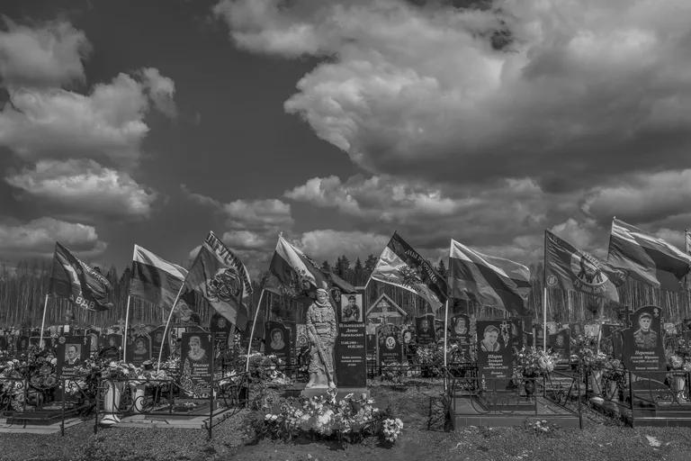 A cemetery for those killed in the war in Ukraine (2022–2026). Uglich, Russia’s Golden Ring, May 2026. Photo © Oleg Klimov for Panos Pictures.
